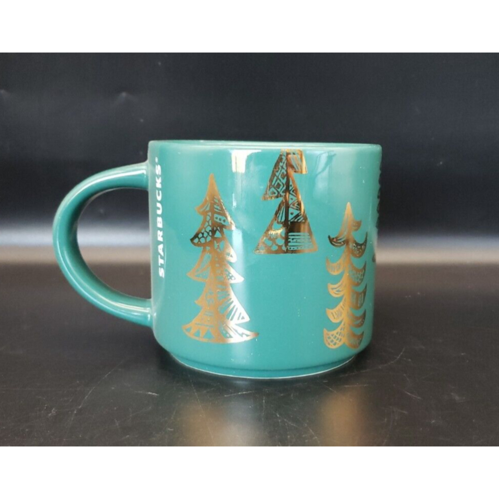 2015 Starbucks 14oz Green Mug with Gold Foil Christmas Trees